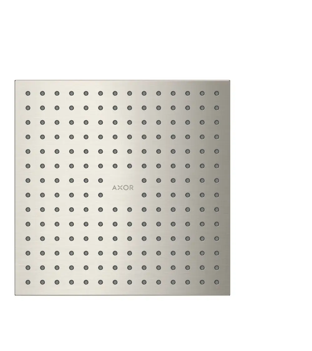 Edelstahl-Duschkopf mit gleichmäßiger Lochanordnung. Die Marke AXOR ist sichtbar auf der Oberfläche. Gehäuse in moderner Optik.
